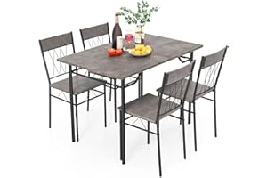 TANGZON Dining Table and Chairs Set 4, 5 Pieces Wooden Kitchen Table and 4 Chairs with High Backrest & Marble/Cement Texture, Metal Frame Dining Table Set Furniture for Home Dining Living Room (Gray)