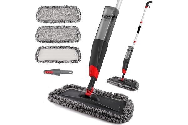 Balais Serpillère 135cm, Homgif Balai Pulvérisateur Professionnel Balai Vaporisateur 750ml FlaconSpray Mop pour Stratifié Tuile Céramique Bois Nettoyage des Sols avec 3 Tampons Réutilisables