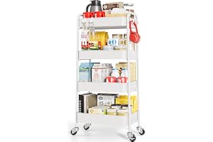 ‎KINGRACK KINGRACK 4-stufiger Metall-Küchenwagen mit Rollen – Servierwagen & Allzweckwagen für Küche, Bad, Büro – Schraubenlos, einfach montiert (Weiß)