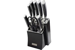 Rockingham Forge Equilibrium 9 Pièces Bloc couteaux avec 7 couteaux et 1 ciseaux de cuisine – en acier chrome, vanadium et molybdène, acier trempé à froid, manche courbée en POM
