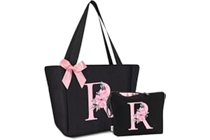 Vavabox Set regalo da 2 pezzi, borsa tote con iniziali e borsa per il trucco con lettere, regali per donne, damigelle, madri, sorelle e insegnanti, ideale per matrimoni, compleanni