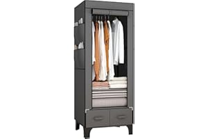 OPPAIYA Canvas Wardrobes, Temporary Wardrobes With Hanging Rails, 2 Shelves、8 Side Bags & 2 drawer, 160 * 45 * 69cm Single Wardrobe, Fabric wardrobes for bedroom Cheap, Wardrobe with drawers - Gray