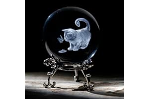 VSKIKRIS Katzenliebhaber-Geschenke – niedliche 3D-Figuren in Kristallkugel, Briefbeschwerer mit Ständer, 3D-Lasergravur, Kristallkatze und Schmetterling, dekoratives Kätzchen-Sammelstück,