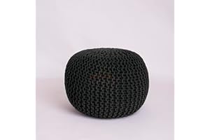 PARADISE STAR Chunky Knitted Round Large 100% Cotton Pouffe Footstool Ottoman Handmade Knitted Pouffe Children Adults Kids Living Room COLOUR BLACK