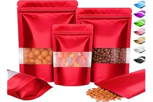 Plaphy 100 Bolsas Zip Doypack Herméticas con Ventana, Stand Up Pouch de Colores, Bolsas Mylar de Aluminio de Pie con Cierre Resellables para Empaque y Almacenamiento de Alimentos (Rojo, 14 x 20 cm)