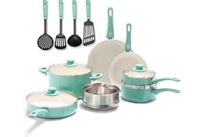 GreenLife Soft Grip Batteria di Pentole 15 Pezzi, Rivestimento Antiaderente Senza PFAS,Padella 20/26cm,Casseruola 22cm con Coperchi, Pentola 16/18cm, Induzione,Lavabile in lavastoviglie,Forno,Turchese