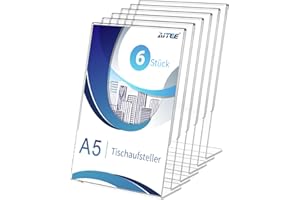 AITEE A5 Acryl Tischaufsteller Schräg: 6 Stück Transparent Aufsteller Plexiglas Werbeaufsteller L-ständer für Büro, Restaurant, Geschäft, Hotel, Werbeaktionen, Theke