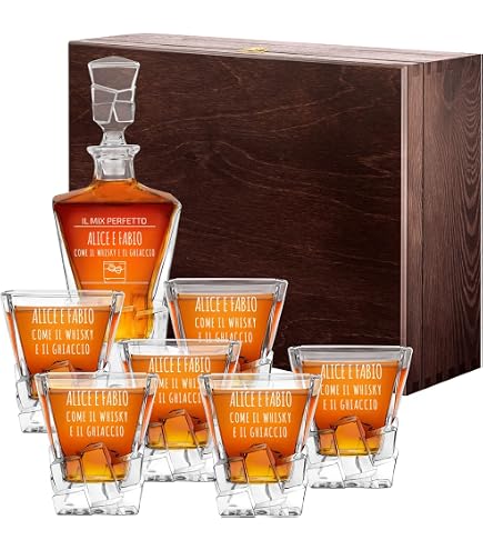 Maverton Decanter per Whisky in vetro - incisione personalizzata - Caraffa in vetro da 700 ml + 4/6 Set bicchieri whisky - idea regalo per la donna - nome