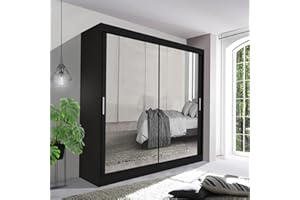 German Sliding Wardrobe Spacious Bedroom Sliding Wardrobe - Sleek and Functional Design comes in White/Grey/Black/Oak and Width 100cm/120cm/150cm/180cm/203cm/250cm (Black, 203cm)