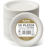 Econativo Disposable Plates 17 cm Sugar Cane Fiber &ndash; Pack of 50 &ndash; Compostable, Resistant and Eco-Friendly &ndash; Tableware for Des