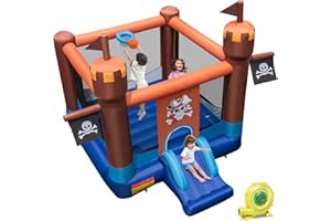 GYMAX Kids Bouncy Castle, Inflatable Jumping House with Slide, Basketball Hoop & Carry Bag, Pirate Ship Themed Children Bounce Playhouse for Outdoor Indoor (with 680W Blower)