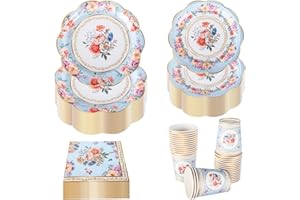 PHUNAT Vintage Party Tableware Set for 30 Guests - Blue Floral Paper Plates Napkins & Teacups - Classic British Style Paper Tableware for Garden Afternoon Tea Party, Baby Shower, Birthday, Wedding