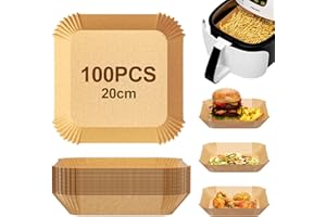 Mesybveo 100 Pezzi Carta Forno per Friggitrice ad Aria, 20 cm Fogli per Friggitrice Aria Quadrato, Fodera in Carta Monouso, Resistenza All'olio, Carta Forno Antiaderente per Friggitrici Aria, Forni