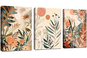 FAJERMINART 3 PCS Nordic Minimalist Feuilles et Soleil Tableau Décoration Murale Salon Impression sur Toile Boho Orange Image sur Toile Peintures sur Toile Décoration Murale pour Chambre Maison Bain 30x40cmx3pcs