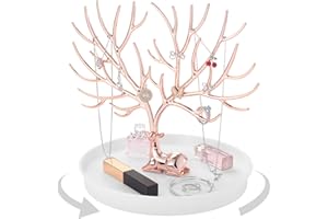 penobon Rotatif Antlers Porte Bijoux avec Plateau, Presentoir Bijoux de Processus de Galvanoplastie, Support Bijoux pour Boucles d'Oreilles, Colliers, Bracelets et Bagues (Blanc)