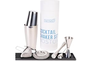 barmate Edelstahl Cocktail Shaker Set Boston, 7-teilig bestehend aus Shaker, Jigger, Barlöffel, grobes Sieb, feines Sieb, Muddler und Barmatte