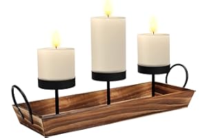 BELLE VOUS Porta Velas 3 Pilares Negros de Metal con Base de Madera - Candelabros Decorativos para el Hogar, Sala de Estar, Decorar Bodas y Navidad - Portavelas Decoracion Rústica