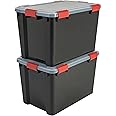 Iris Ohyama Airtight Plastic Storage Boxes with Lids, 70L, Set of 2, Black, Hermetic Waterproof Seal, Durable Latching Buckles, Stackable, For Outdoors, Garage, Clothes, Dust Proof, BPA Free, AT-LD