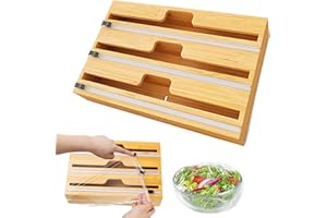 Uennm Dispensador de Papel de Aluminio con Cortador, 3 en 1 Dispensador de Película Adhesiva, Dispensador de Papel de Aluminio de Bambú, Cortador de Papel de Aluminio para Cajón de Cocina 1