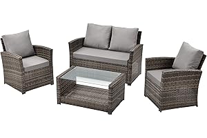 EVRE Black 4 Seater Rattan Garden Conservatory Patio Furniture Sofa Armchair Roma Set with Glass Top Coffee Table Wicker Weave Sofa and Cushions (Cedar Brown)