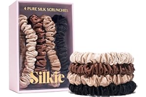 SILKIE x4 Set 100% Pure Mulberry Silk Black Brown Skinny Scrunchies Travel Pouch Everyday Hair Ties Elastics Hair Care Ponytail Holder No Damage