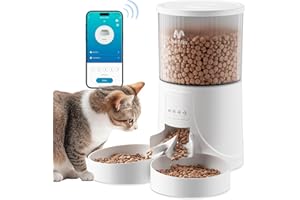 IMIPAW Distributeur Croquettes Chat Automatique 2 Bols, WiFi 2.4G, Commande APP Distributeur de Croquettes, Minuterie Programmable, 4L, 1-10 Repas par Jour pour Petits Chiens et Chats (Blanc-WIFI, 4L)