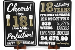 Giftota 18th Birthday Decorations for Women Men, 18th Birthday Gifts for Girls Boys, 18th Birthday Poster Anniversary Vintage Gifts, Acrylic Table Sign with Stand Party Supplies, Black Gold, 2-Pack