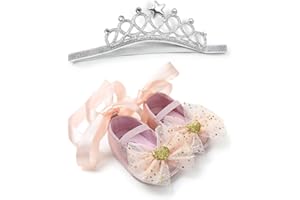 Carolilly Set Neonata Scarpe Primi Passi Bowknot Fiore Battesimo Infantile Scarpine Neonato Principessa Antiscivolo+Fascia Corona Neonata