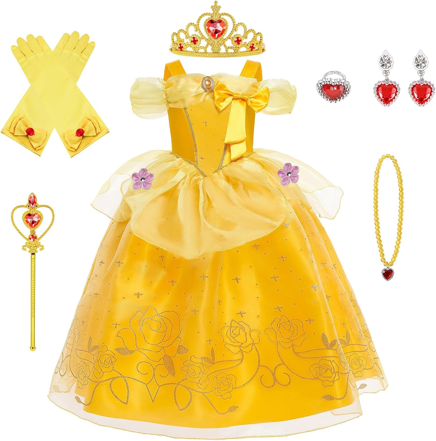 BSBUY Disfraz Princesa Bella Niña, Vestido Bella y Bestia Niña Clásico Con Gran Arco y Accesorios para Fiesta Cosplay Cumpleaños Navidad, 120cm