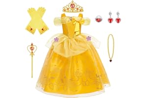 BSBUY Déguisement de Princesse Belle, Fille Robe de Princesse Belle avec Accessoires, Robe de La Belle et La Bête Enfant, Princesse Costume Enfant pour Anniversaire Fête Partie Carnaval Cosplay