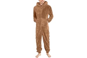 DUHENWU Overall Herren Winter Warm Jumpsuit Flauschig Schlafanzug Teddy Fleece Einteiler Onesie Kuschelig Weich Ganzkörperanzug Lang Einfarbig Hausanzug Mit Kapuze Plüsch Trainingsanzug