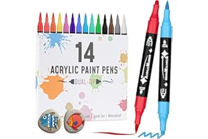 VynyQoo 14 Colori Pennarelli Acrilici, Pennarelli Acrilici per Dipingere Sassi, Pennarelli Doppia Punta per Tessuti Legno Vetro Ceramica, Acrylic Marker Colori Acrilici Pennarelli per Bambini e Adulti