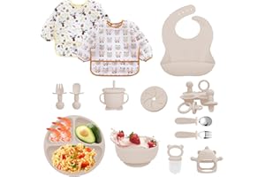 Bizcasa Zestaw posiłków dla niemowląt 14 sztuk, silikonowy zestaw naczyń dla niemowląt z przyssawką, talerz, łyżka i śliniaczek, bez BPA, zestaw sztućców dla dzieci do jedzenia (beżowy)