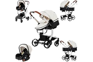 Magic ZC Pelle PU Passeggino Trio, Passeggino 3 in 1 con Doppia Modalità Push Reversibile, Trio Passeggini Neonati in Alluminio Pieghevole, Carrozzina Neonati con Grande Navicella (518 White)