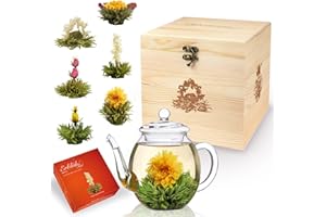 ‎CREANO Creano Teeblumen-Mix Geschenkset mit 500ml Teekanne in edler Holzbox mit 6 verschiedenen Sorten ErblühTee (Weißer Tee)