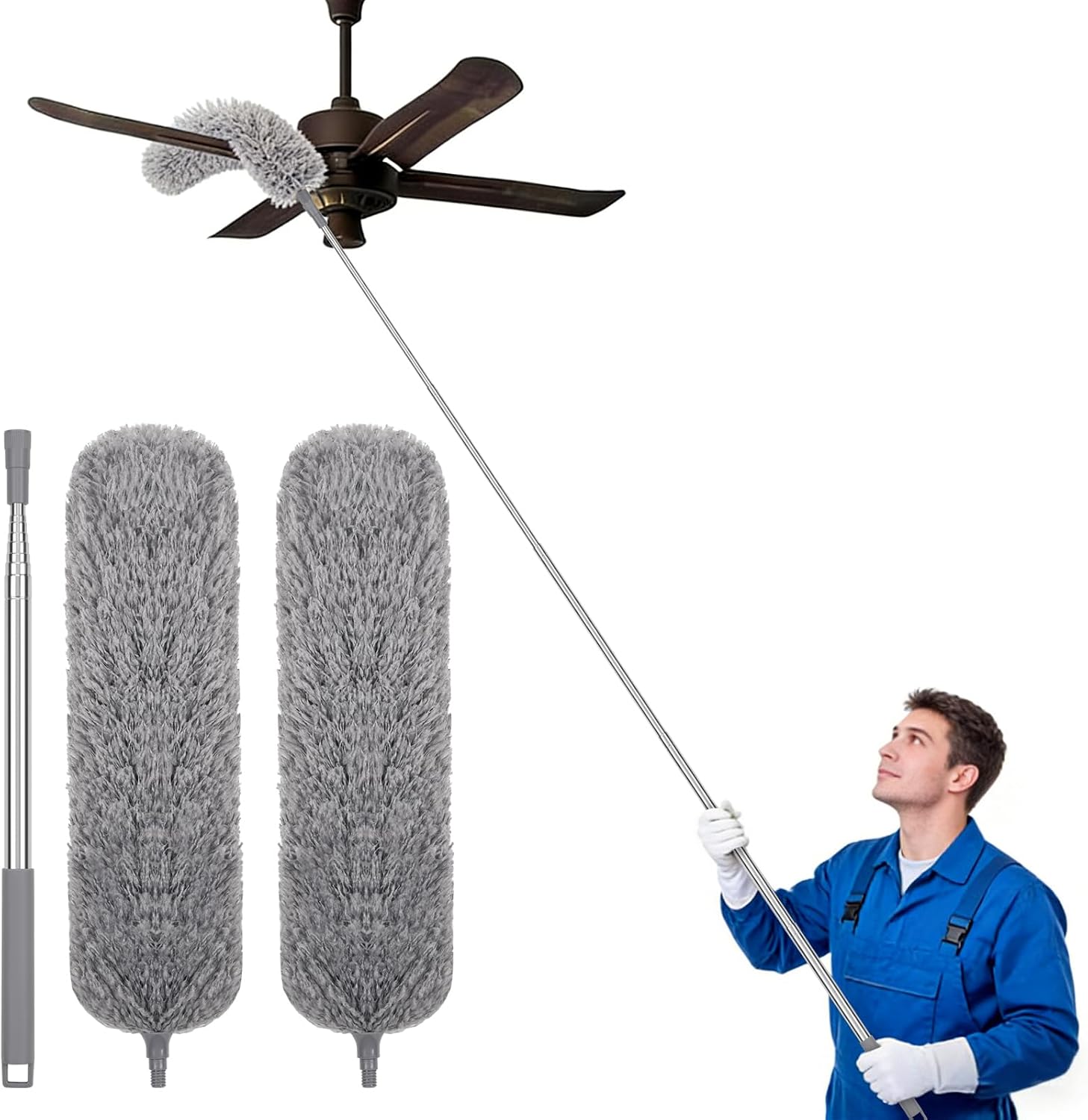 Apasiri Plumero de Plumas con Poste Telescópico Largo y 2 Cabezales de Microfibra Lavables, Herramienta de Limpieza Extensible para el Hogar, Techo y Zonas de Difícil Acceso, Sin Arañazos, Fácil de