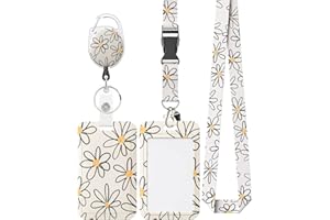 Uniclife Porte Badge Tour De Cou Coulissant Floral Étui en Plastique de Fleur Blanche avec Clip de Mousqueton de Bobine de Badge Rétractable et Sangle de Longe Détachable Porte Carte Verticale Dure