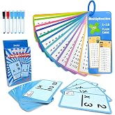 Educational Multiplication Tables Game for Children with 15 Large 1x1 Cards and 36 Double Practice Cards, Includes 6 Erasable