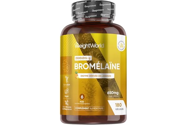 Bromelaine Gélules 650 mg (2500 UDG/g), 180 Gélules, 6 Mois d'Apport, avec Enzymes Digestives Dérivée de la Tige d'Ananas, Source de Manganèse, Cuivre, Vitamine C - Vegan & sans Stéarate de Magnésium