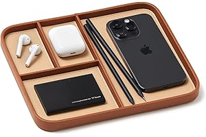 NORDIK BY DESIGN Nordik Leather Valet Tray - Sand Brown - Premium Vegan Leather Stylish and Organised Nightstand Tray for Men - EDC Catchall Tray for Keys, Watch, Wallet, Jewellery - Modern Bedside Caddy