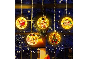 Festive Fix LED Christmas Window Lights Circle – 54 LED 3D Hanging Santa, Snowman & Christmas Tree Designs, USB-Powered Light Up Xmas Window Decorations for Indoor & Outdoor Displays