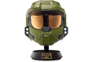 Halo Master Chief Deluxe Helm mit Ständer – LED-Leuchten auf jeder Seite – Battle Damaged Paint – Einheitsgröße – Bauen Sie Ihr Universum