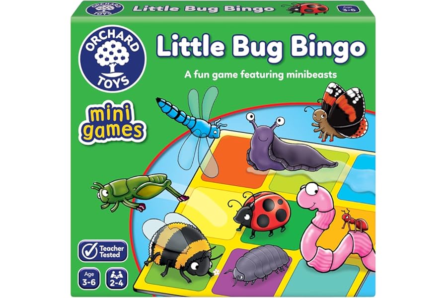 Orchard Toys Little Bug Bingo - Compact Mini Games for Boys, Girls, and Toddlers - Matching Games for 3+ Year Olds - Holiday Travel Games for Kids - 2-4 Players