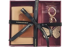 PACO MARTINEZ Set de Regalo para Mujer, Caja Regalo con Cartera Billetero para Mujer Color Beige con Solapa en Tono Camel y Llavero a Juego, Idea de Regalo de Cumpleaños, Aniversario o Navidad