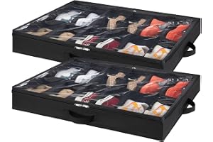 Lifewit Förvaringslåda Under Säng med Transparent Fönster, Vikbar Skoförvaring med Handtag, Shoe Storage Box, Svart, 2 x 12 P