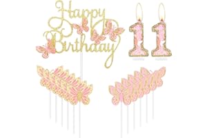 MCISKIN Happy 11th Birthday Schmetterling Kerzen Kuchen Cupcake Topper Rosa Gold Zahl 11 Kerze für Kuchen Mädchen 11. Geburtstag Kuchen Dekorationen Rosa Schmetterling 11. Geburtstag Kuchen Topper für