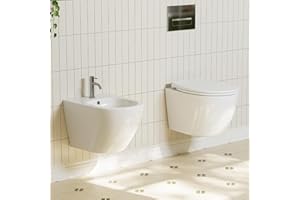 TEAL HOME Set WC sospeso con bidet – WC con sedile WC con abbassamento automatico – bidet sospeso in ceramica con foro per rubinetto e protezione da troppopieno – WC da parete senza bordi con rivestimento nano