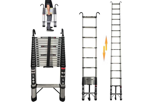 Échelle télescopique pliable, 5 m - Échelle télescopique pliante avec crochet amovible - Échelle multifonction - Échelle extensible antidérapante - Charge maximale : 150 kg - Échelle pour jardin et