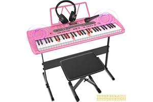 Newfulam Keyboard Piano 61 Tasten, Digital Keyboard E-Piano Kit mit Notenaufkleber, Klavierbank, Kopfhörer, Mikrofon, Klavierständer,Lehrmodus für Anfänger/Kinder (Süßes Rosa)