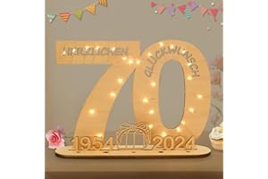 Seutgjie 2024 Regalos de dinero para cumpleaños 70 números de cumpleaños de madera cartel libro de visitas con cadena de luces LED soporte y portavelas para 70 años hombre mujer para bodas aniversario